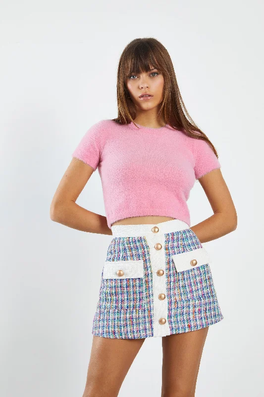 Glamorous Multi Tweed White Mini Skirt with Contrast Pockets & Waistband corduroy skirt durable