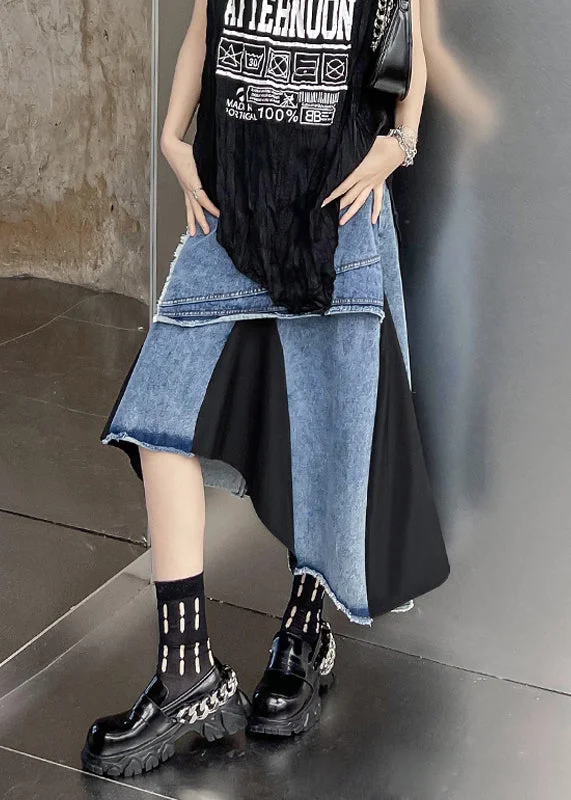 Modern Blue Asymmetrical Pockets Patchwork Denim Skirt Fall slim fit skirt