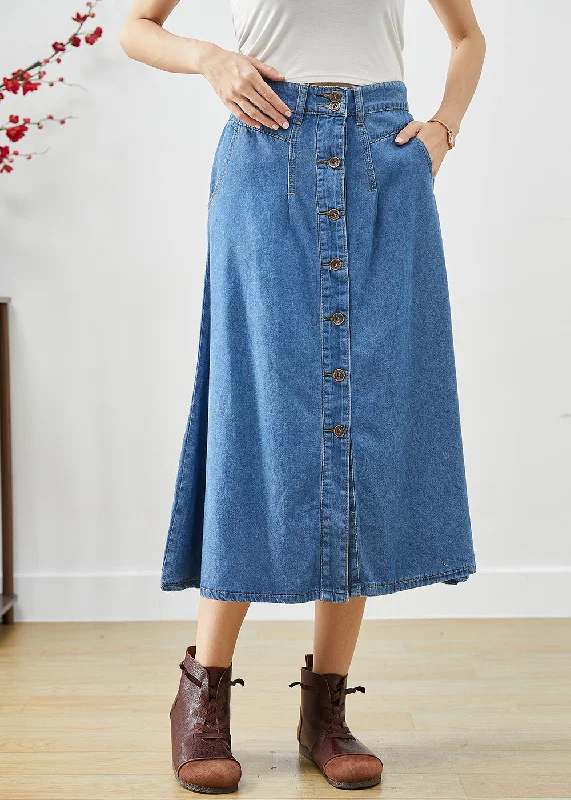 Modern Blue High Waist Button Down Denim A Line Skirts Fall linen skirt natural