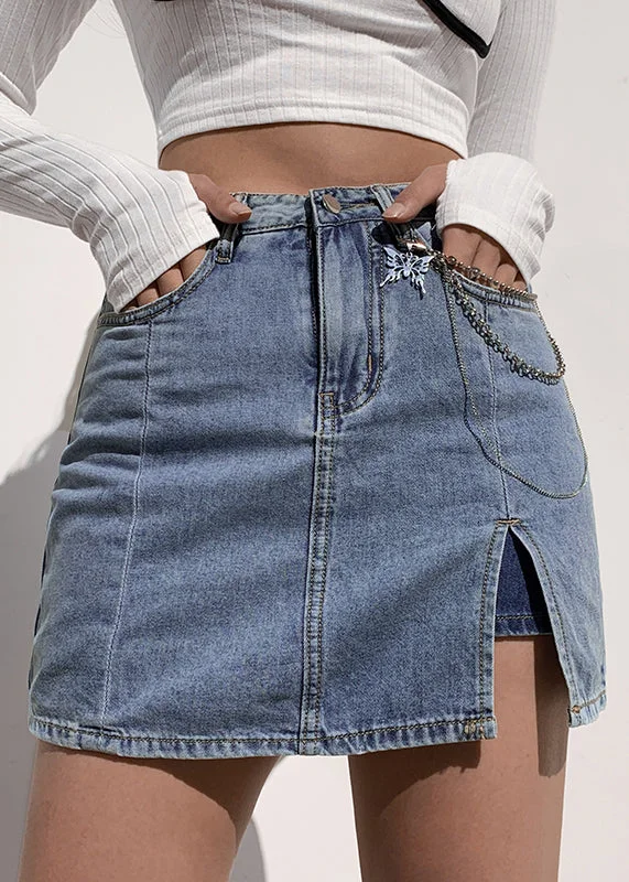 Modern Blue Pockets High Waist Patchwork Denim Skirts Summer spandex blend skirt