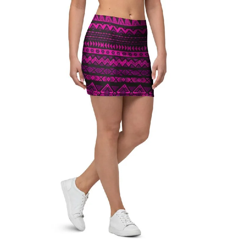 Neon Pink Ethic Aztec Print Mini Skirt satin skirt smooth