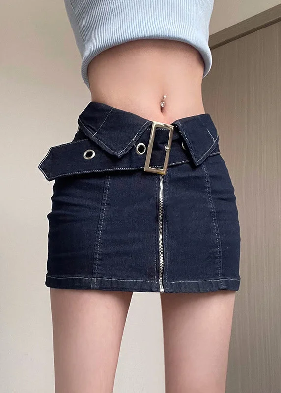 New Navy Zip Up Sashes Patchwork Denim Skirts Summer denim skirt casual