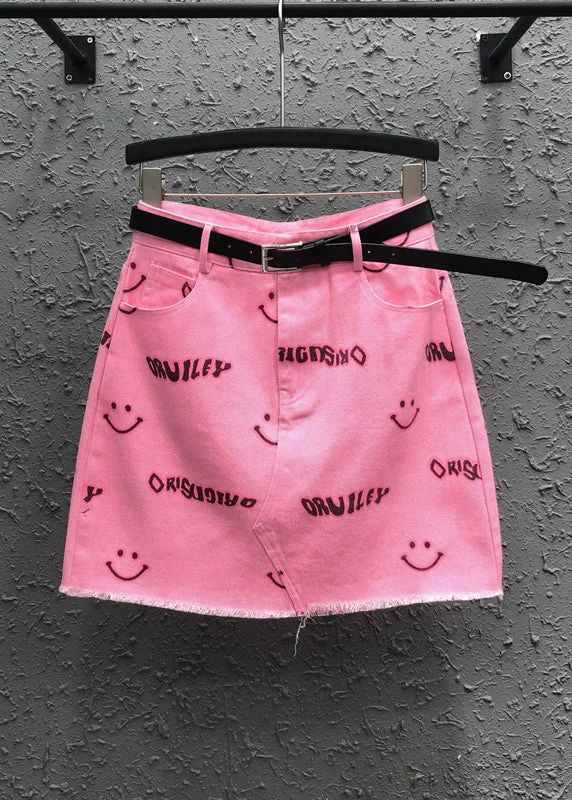 Novel Pink Smiley Face Printed Pocket Denim Skirt Summer chiffon skirt airy