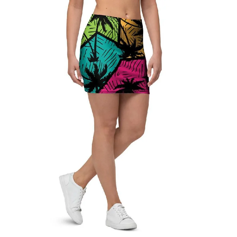 Palm Leaf Hawaiian Print Pattern Mini Skirt spandex blend skirt