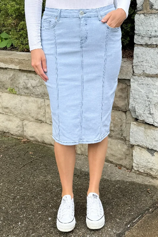 Panel Denim Skirt in Lt. Indigo breathable skirt fabric