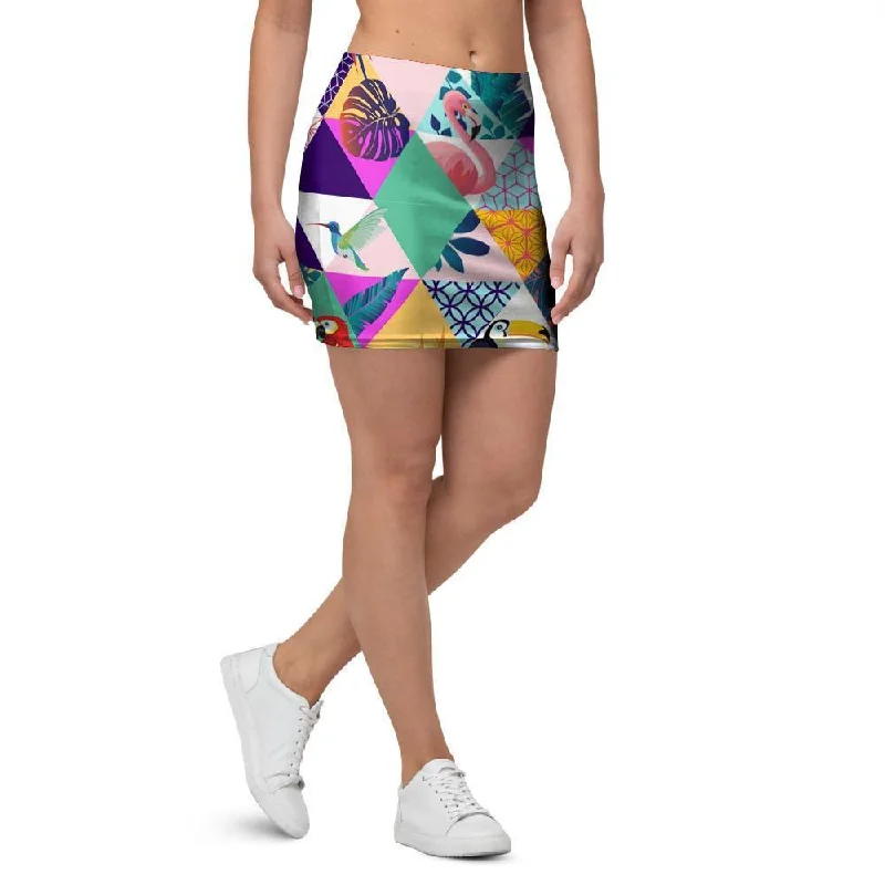 Patchwork Tropical Bird Print Mini Skirt leather skirt refined