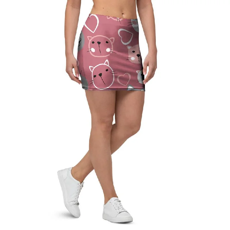 Pink Cat Face Print Mini Skirt belted skirt waist