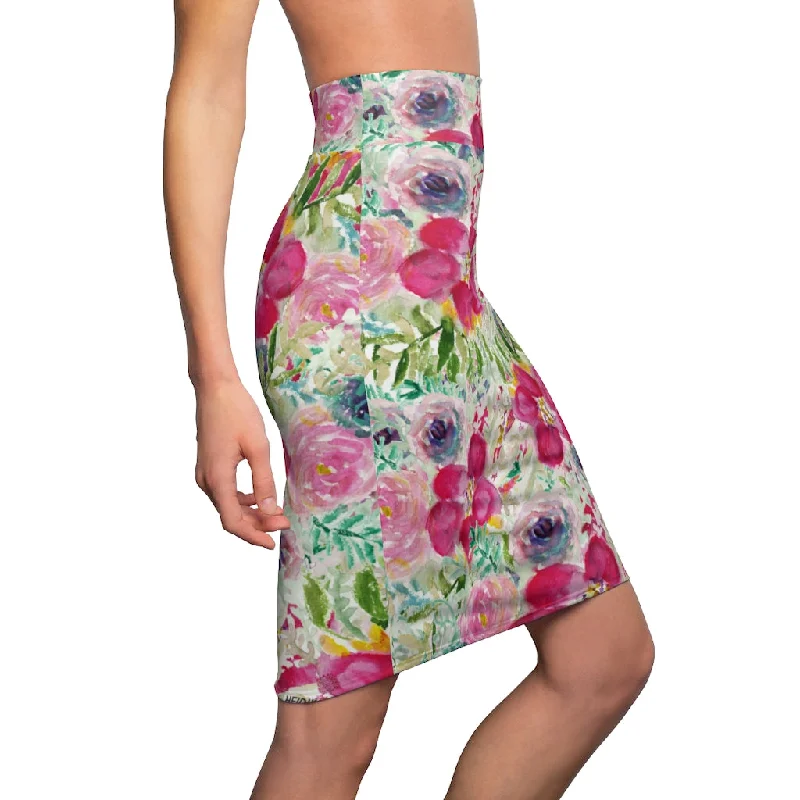 Pink Floral Women's Pencil Skirt, Mixed Girlie Rose Flower Print Patterned Skirt-Made in USA patchwork skirt art