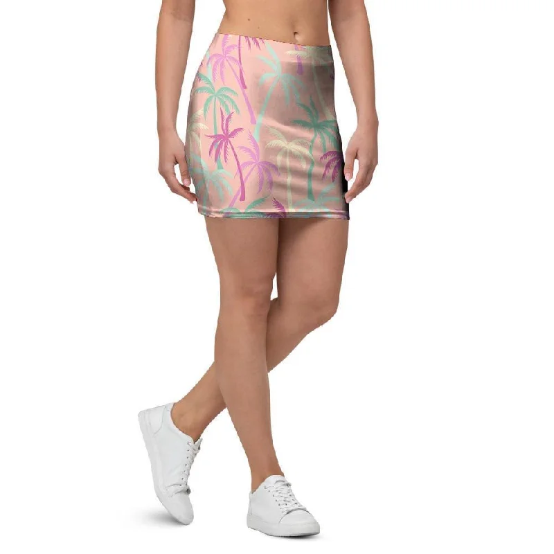 Pink Palm Tree Hawaiian Print Mini Skirt tiered skirt playful