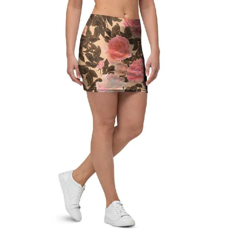 Pink Rose Floral Mini Skirt chiffon skirt flowing
