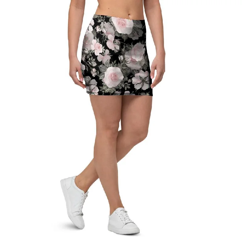 Pink Rose Floral Pattern Print Mini Skirt wool skirt sturdy