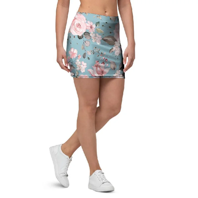 Pink Rose Flower Print Mini Skirt casual skirt length