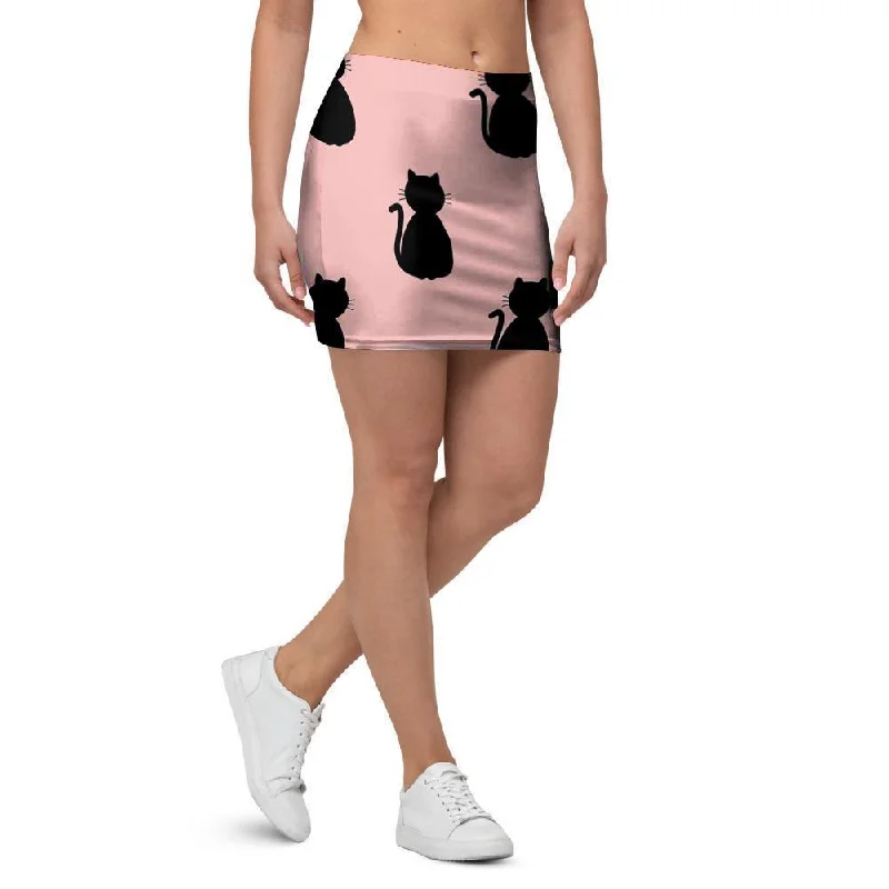 Pink Silhouette Cat Print Mini Skirt flowy skirt hem