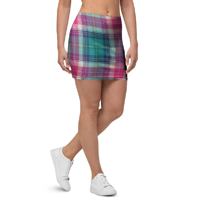 Pink Teal Plaid Tartan Mini Skirt high slit skirt