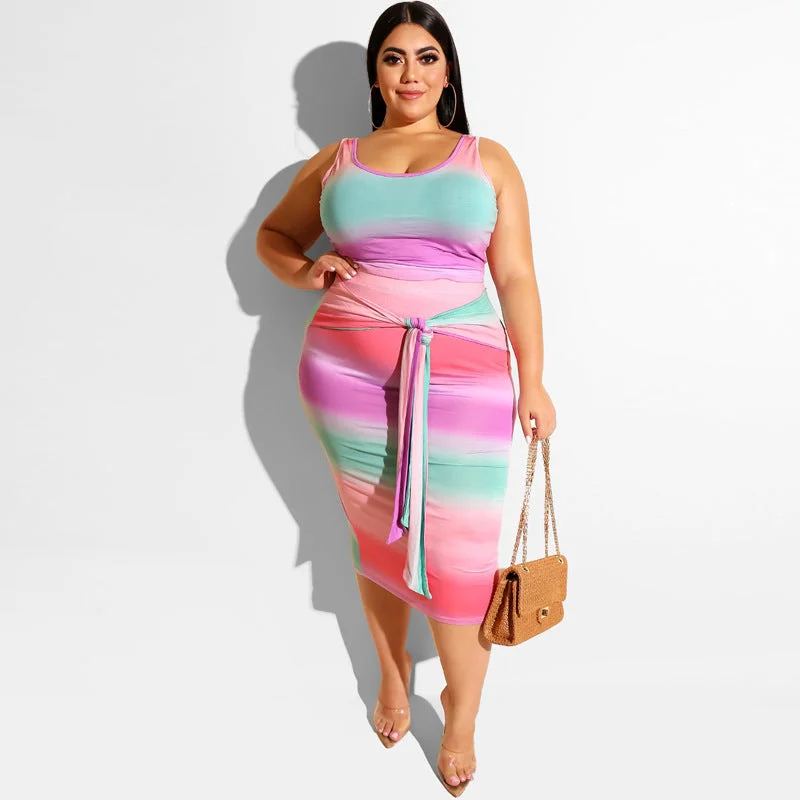 Plus Size Printed Tank Top + Midi Skirt Set pleated skirt texture