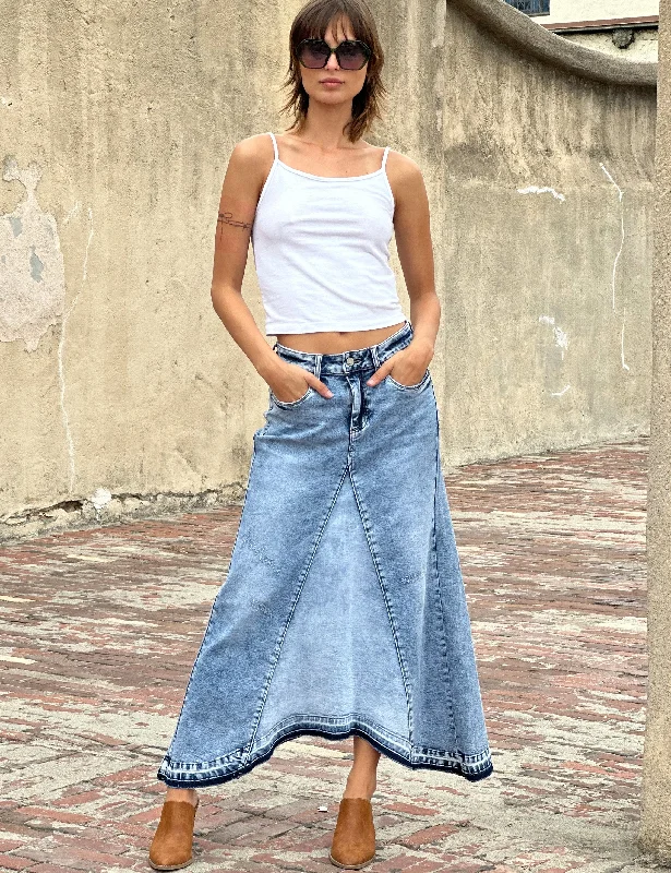 Selma Pieced Denim Maxi Skirt high slit skirt