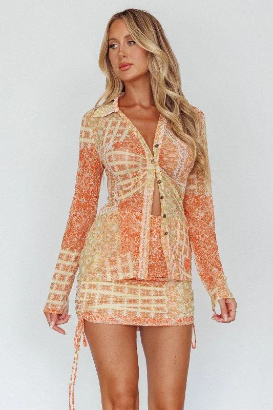 Sheela Drawstring Ruched Mini Skirt Orange leather skirt modern