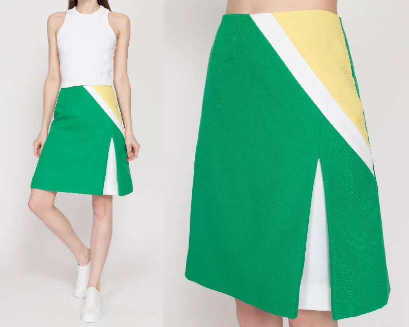 Small 70s Green Color Block Tennis Skirt 25.5" corduroy skirt cozy