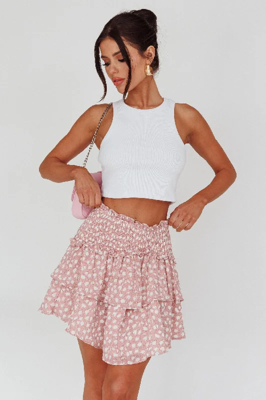 Sylvie Shirred Waist Layered Mini Skirt Pink chiffon skirt lightweight