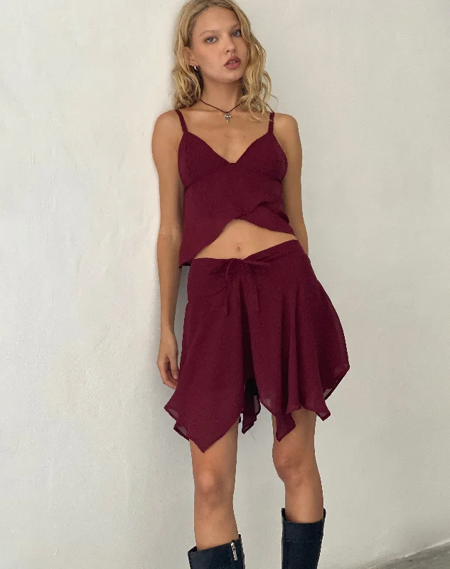 Veny Mini Skirt in Chiffon Oxblood boho skirt vibe