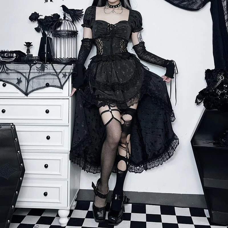 Women's Gothic Layered Lace Hem Skirt button skirt front