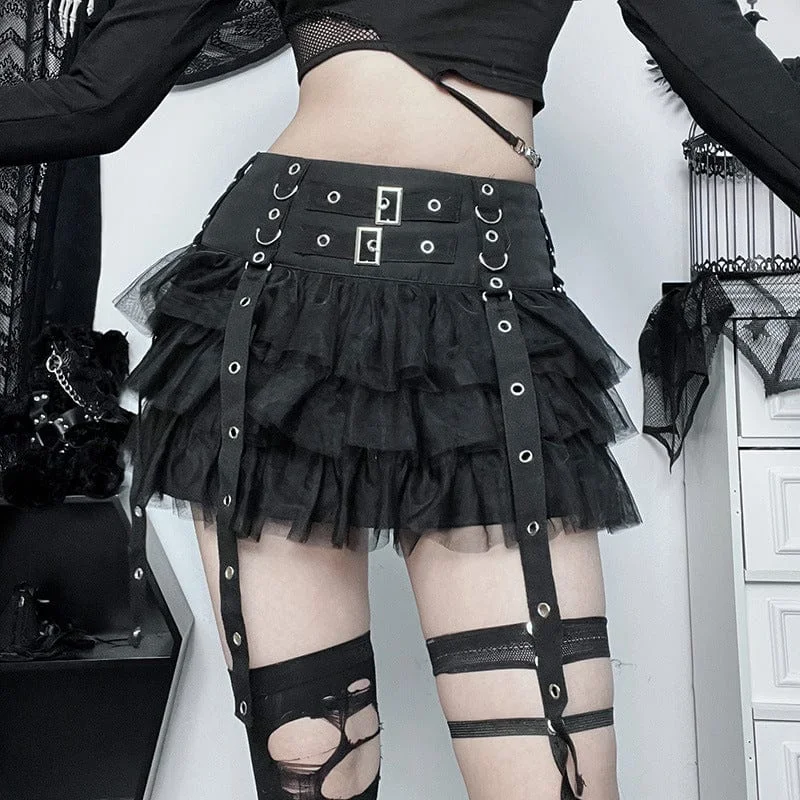 Women's Gothic Strap Splice Mesh Layered Skirt denim skirt fashionable