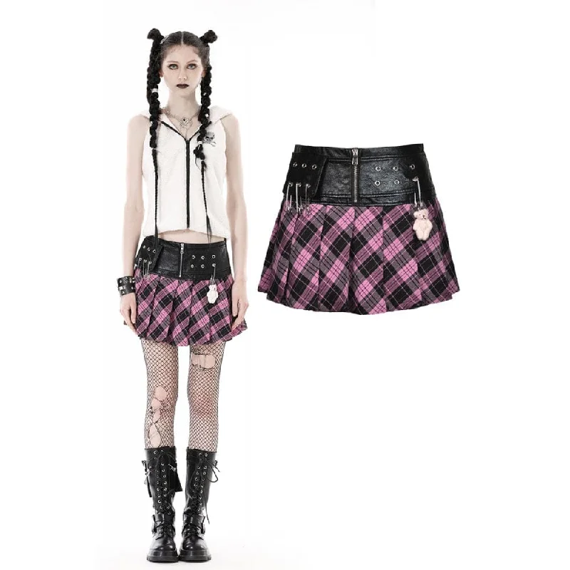 Women's Grunge Faux Leather Splice Plaid Pleated Skirt floral skirt print