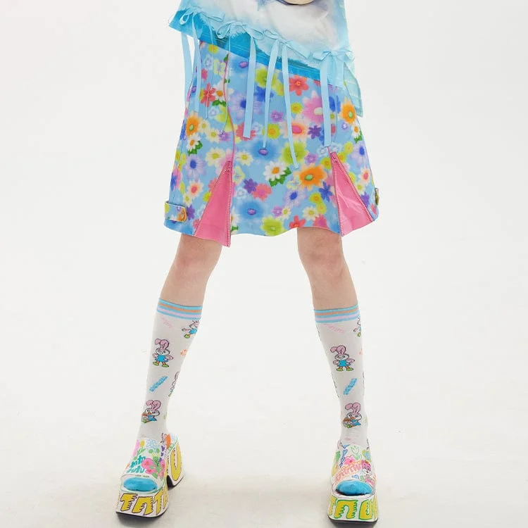 Women's Kawaii Floral Printed Zipper Skirt denim skirt classic