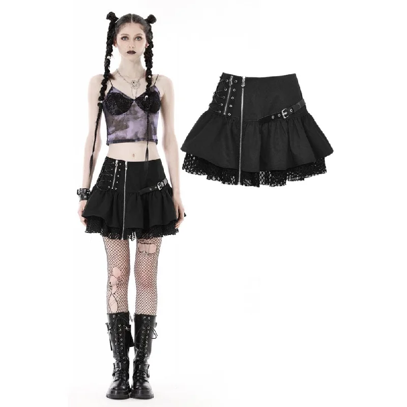 Women's Punk Mesh Splice Buckle Zipper Skirt low waist skirt