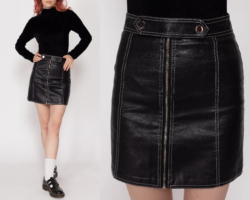 XXS-XS 90s Black Leather Zip Up Leather Mini Skirt chiffon skirt lightweight